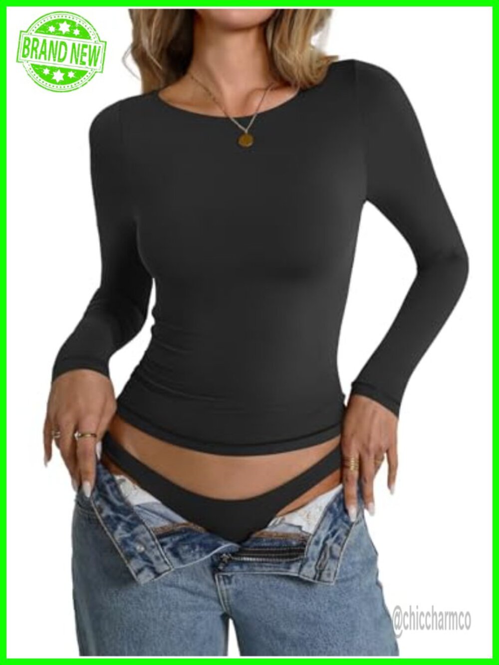 Double Lined Long Sleeve Boat Neck Tops Slim Fitted Tees Going Out Tops - Picture 4 of 7